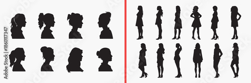 human face silhouette vector, profile face black silhouettes, head profile illustration set, human portrait outline art, facial profile vector collection, face icon set, head clipart silhouettes, iden