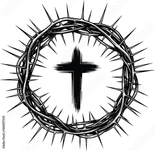 Crown of thorns with cross Christian symbol illustration representing faith sacrifice and redemption, dramatic religious black vector artwork on white background