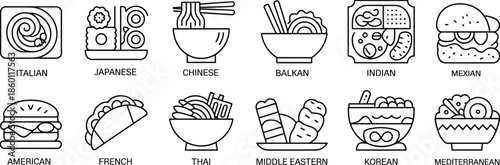 Outline Icons of World Cuisine Dishes Italian Japanese Chinese Balkan Indian Mexican food meal