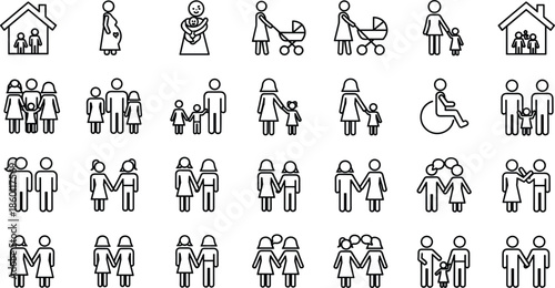 Outline icons representing diverse family structures and relationships on white background people couple