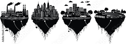 Black industrial city suburban and rural landscape silhouettes on floating islands with underground root systems isolated on white background vector