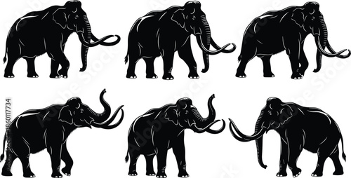 Black mammoth silhouettes set with extinct ice age woolly elephants in various walking and trumpeting poses isolated on white background