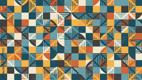 Vibrant geometric pattern with colorful shapes and leaves design