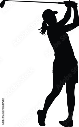 Female golfer silhouette executing powerful golf swing follow through, professional sports action pose isolated on white background black vector illustration
