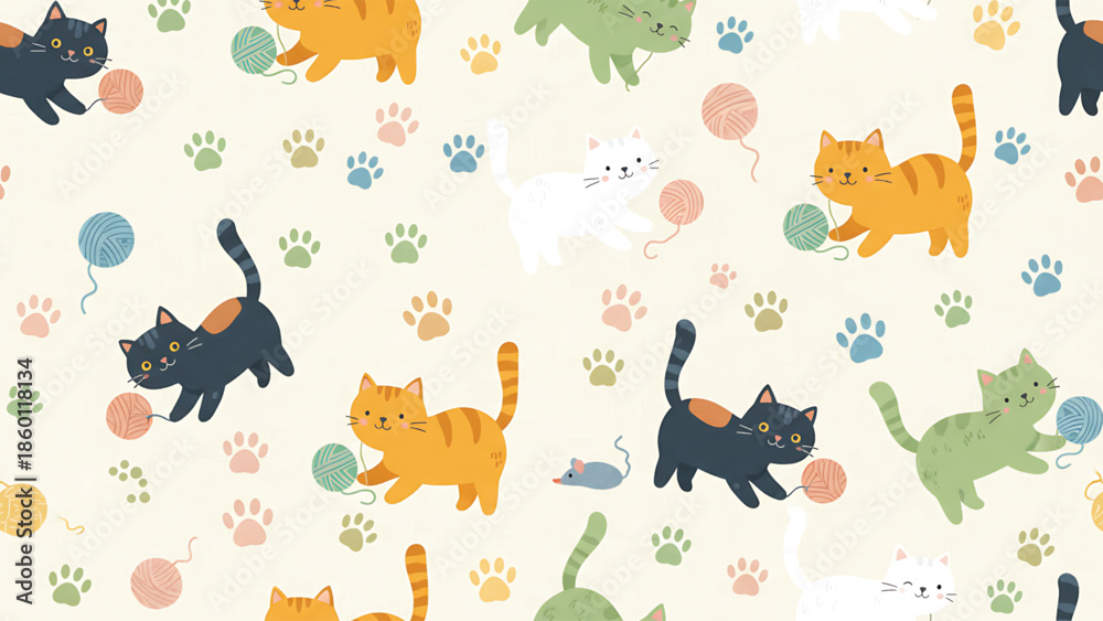 Fototapeta premium Whimsical cats play with yarn balls on cream background