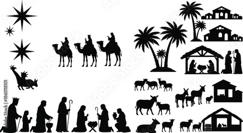 Christmas Nativity Silhouette Set Featuring Holy Family Baby Jesus Mary Joseph Three Wise Men Star of Bethlehem Manger and Animals