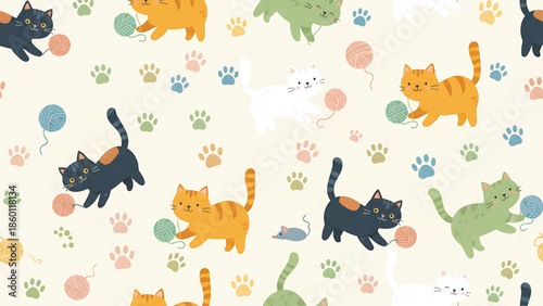Whimsical cats play with yarn balls on cream background