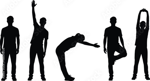 Black Silhouettes of People Performing Various Fitness Exercises and Yoga Poses Including Stretching and Balancing Movements Isolated on White Background