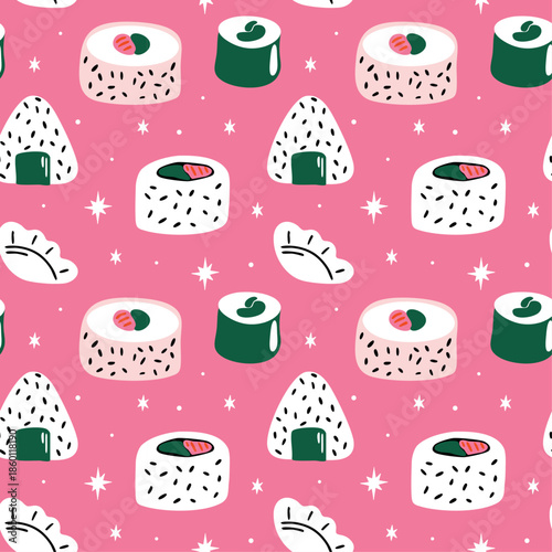 Asian food delivery seamless vector pattern with cute kawaii cartoon illustration of Japanese traditional cuisine sushi roll, onigiri for menu design, package, wrapping paper