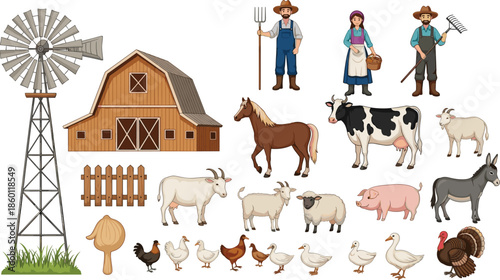 Large collection of farm vector illustrations featuring a wooden barn windmill farmers and various domestic animals like cows horses and sheep.