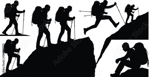 Set of hiker silhouettes with backpacks and trekking poles walking jumping climbing and resting on mountain rocks for outdoor adventure