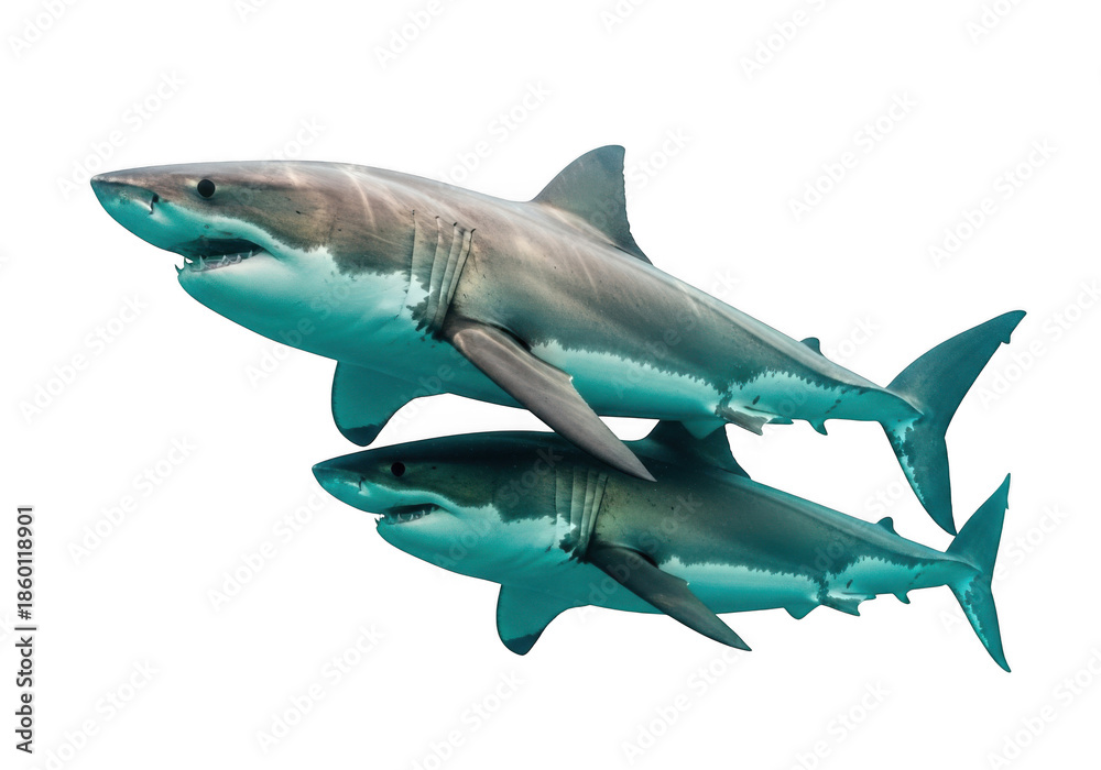 Fototapeta premium A shark swims in the water with its reflection visible on a transparent background