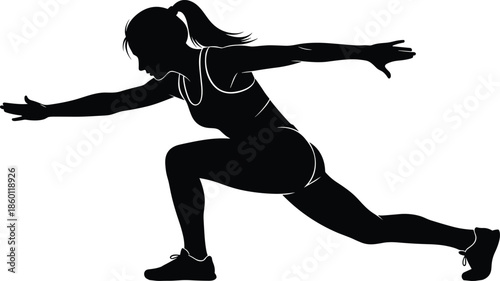 Female athlete silhouette performing dynamic lunge stretch exercise, fitness training balance and flexibility concept isolated black vector illustration