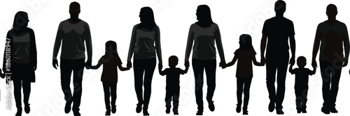 Silhouette of a large diverse family walking together and comprehensive farm set with barn windmill farmers and various domestic animals.
