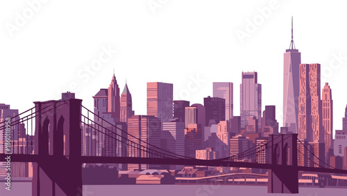 New York City skyline illustration vector, iconic Brooklyn Bridge and modern skyscrapers, a beautiful city panorama