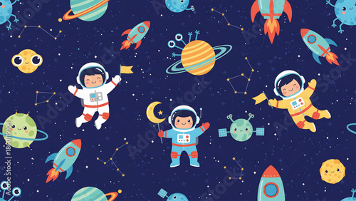 Astronauts exploring space with planets and rockets around them