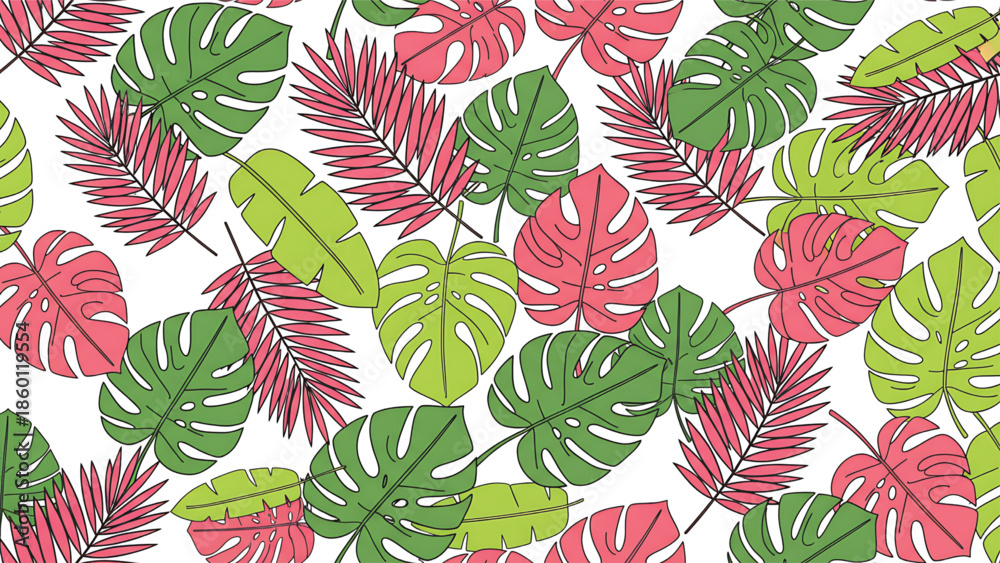 Fototapeta premium Vibrant tropical leaves pattern with green and pink hues