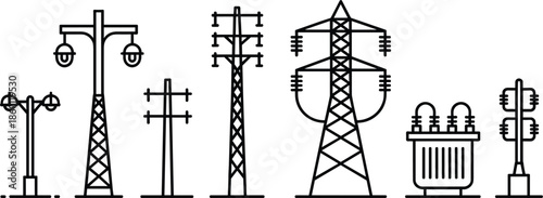 Assortment of Electricity Infrastructure Icons on White Background Keywords: electricity, power, transmission, tower, pole