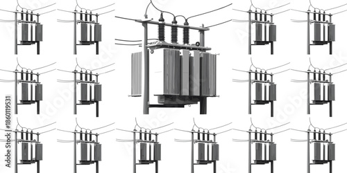 Multiple Gray Electrical Transformers Mounted on Poles with Wires electricity power
