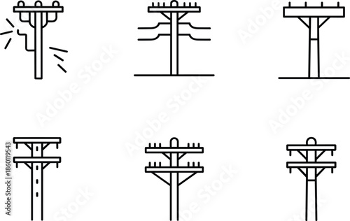 Outline Icons of Telephone and Electrical Poles with Wires and Insulators electricity