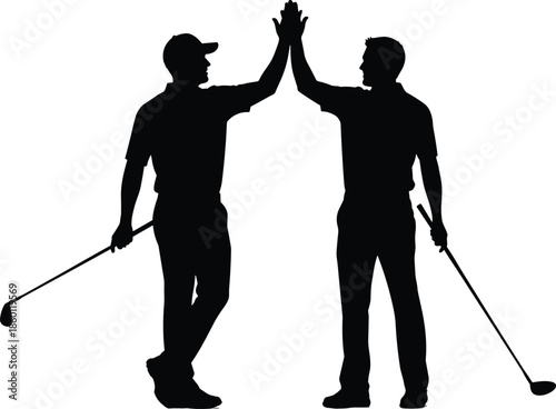 Golf partners silhouette high fiving after successful shot, teamwork celebration and sportsmanship concept isolated black vector illustration on white background