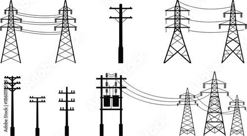 Set of electricity transmission towers and utility poles with power lines Keywords: electricity, power, energy, transmission