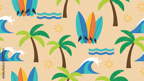 Vibrant tropical beach pattern with surfboards and palm trees