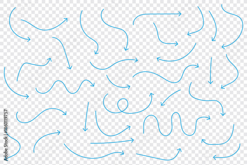 set of hand drawn arrows,hand draw of grunge black arrow marker isolated transparent png background, Design template or mockup, and drawn vector illustration of a brush