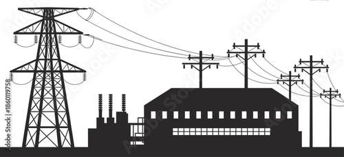 Silhouette of an industrial power plant with a transmission tower and utility poles industry electricity