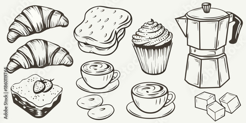 Sketch of breakfast pastries coffee and sweets in a vintage style