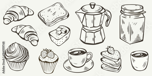 A delightful hand drawn illustration of breakfast pastries and coffee essentials
