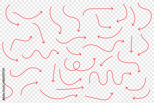 set of hand drawn arrows,hand draw of grunge black arrow marker isolated transparent png background, Design template or mockup, and drawn vector illustration of a brush