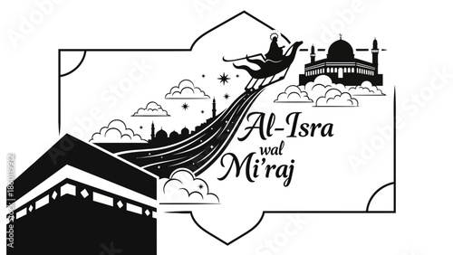 Islamic illustration of Al Isra wal Miraj night journey event.