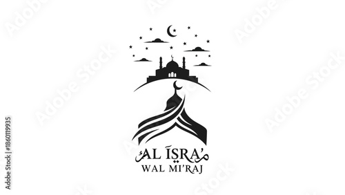 Al Isra Wal Miraj Islamic event logo with mosque silhouette.