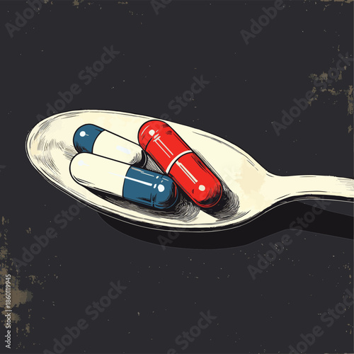 Two pills on a spoon against a dark background for treatment or healthcare , vector style simple color