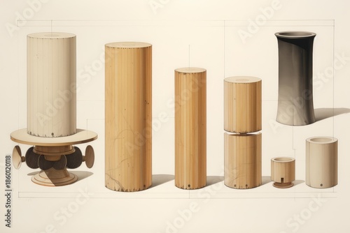 Industrial design blueprint featuring various wooden and monochrome geometric objects with precise lines