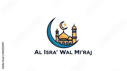 Al Isra Wal Miraj Islamic celebration logo with mosque and crescent.