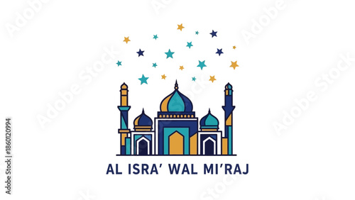 Al Isra Wal Miraj celebration with mosque and stars.