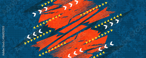 Abstract Grunge Background with Orange Brush Strokes, Arrow Shapes, and Halftone Pattern. Energetic Background for Sports Event Banner or Poster Design