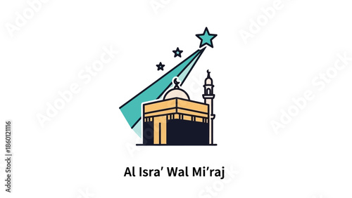 Islamic illustration of Al Isra Wal Miraj with Kaaba and stars.