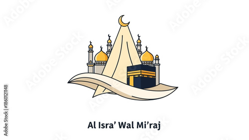 Islamic illustration of Kaaba and mosques for Isra Wal Miraj celebration.
