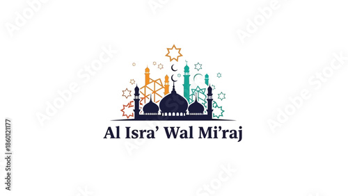 Al Isra Wal Miraj Celebration with Mosque Silhouette and Festive Decorations.