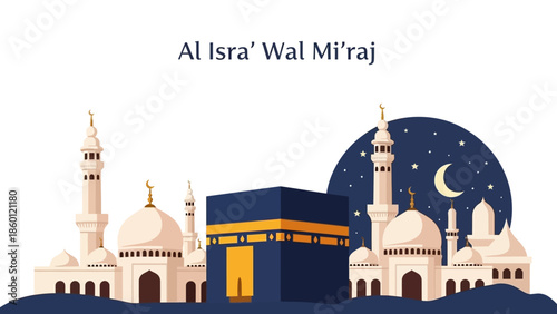 Islamic illustration of the Kaaba for Al Isra Wal Miraj celebration.