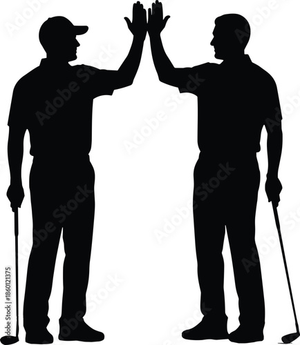 Golf players silhouette celebrating high five after successful shot, teamwork and sportsmanship concept isolated black vector illustration