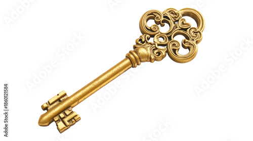 A gold key with a flower design on it, isolated on a transparent background