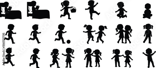 Kids daily activities silhouette collection showing children playing running reading sleeping and interacting, childhood lifestyle isolated black vector illustration set