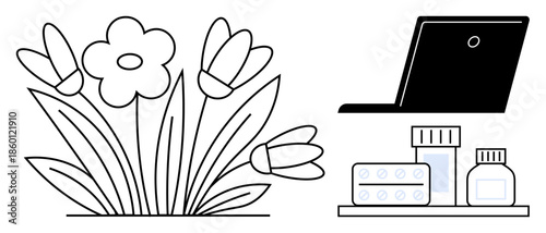 Healthcare, technology, remote consultations, medicine, natural remedies, seasonal wellness. Black and white laptop, spring flowers medications on a shelf. Healthcare and technology concept