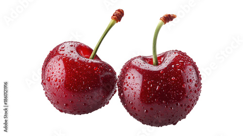 Two cherries are shown with their stems still attached, isolated on a transparent background