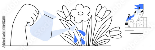 Growth, sustainability, nurturing, self-improvement, teamwork, environmental care. Hand pouring water on blooming flowers. Growth and sustainability concepts in symbolic minimalism