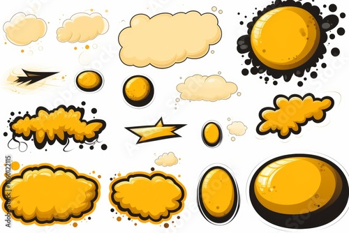 Cartoon comic style set of yellow speech bubbles, thought clouds, and graphic elements